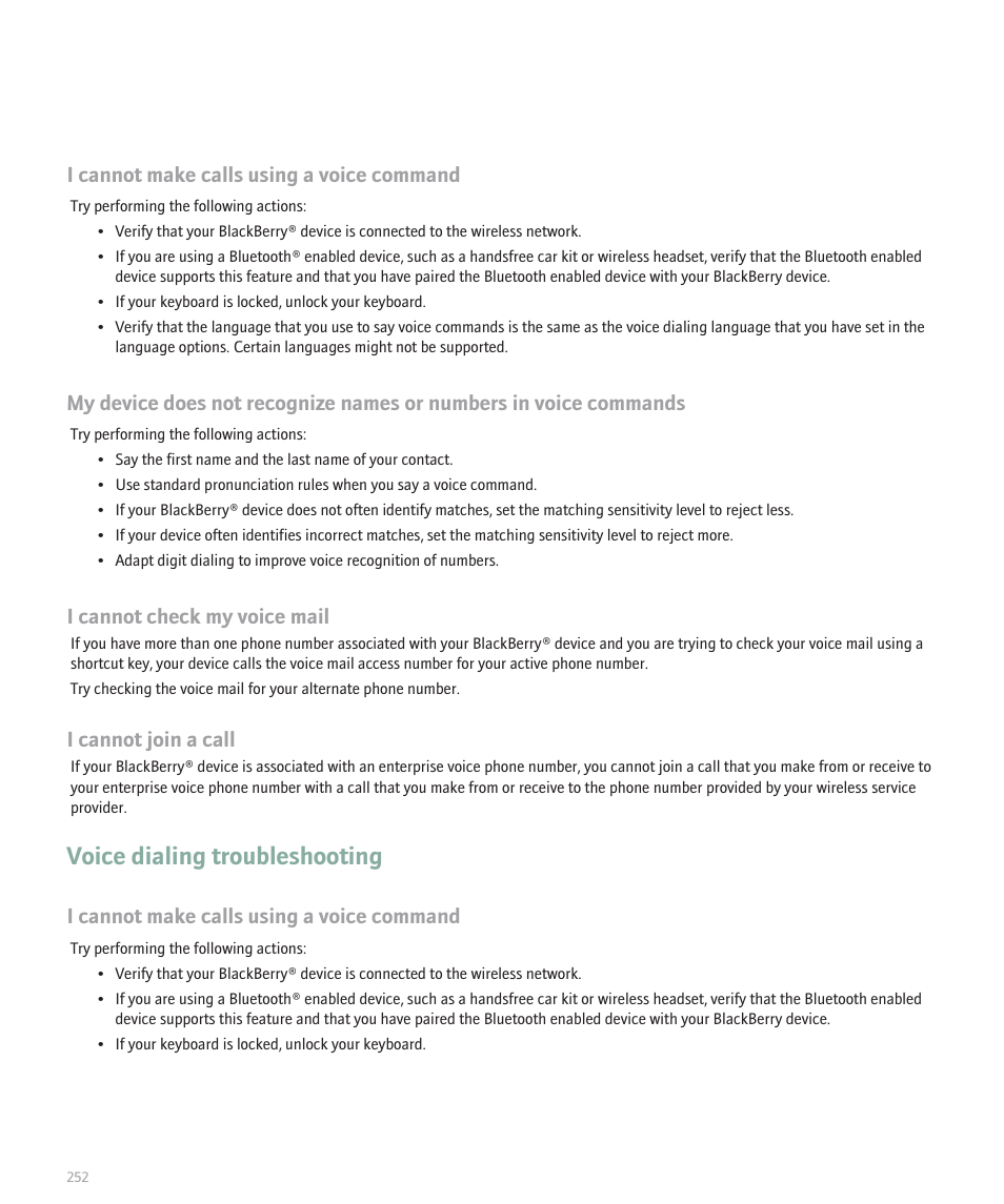 Voice dialing troubleshooting, I cannot make calls using a voice command, I cannot check my voice mail | I cannot join a call | Blackberry 8300 User Manual | Page 254 / 270