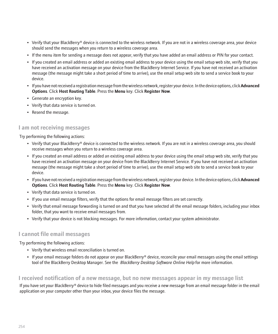 I am not receiving messages, I cannot file email messages | Blackberry 8300 User Manual | Page 256 / 270