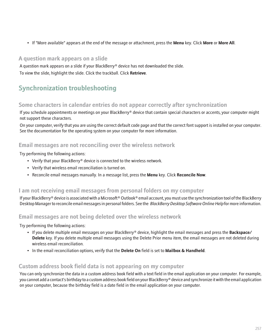 Synchronization troubleshooting, A question mark appears on a slide | Blackberry 8300 User Manual | Page 259 / 270