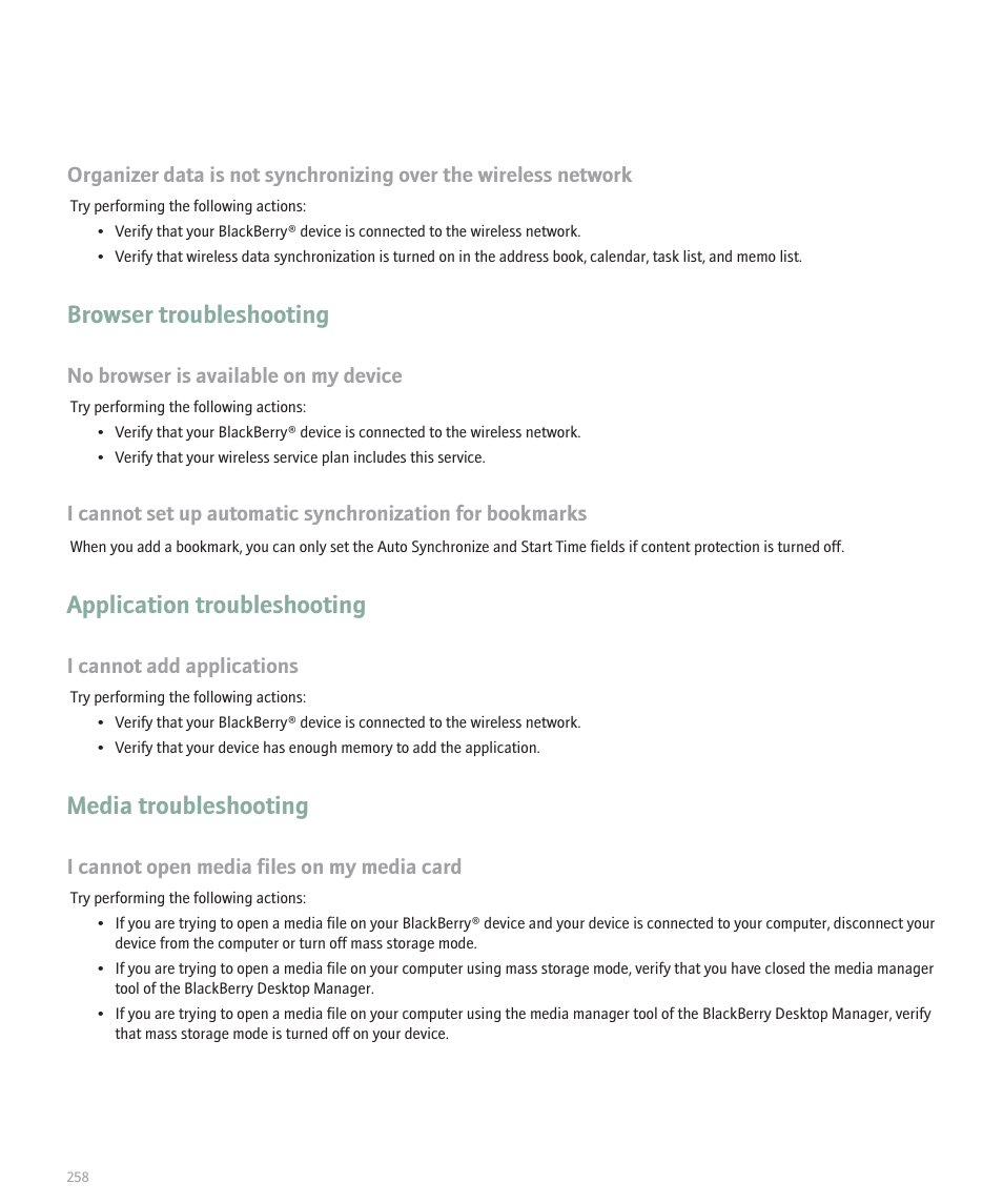 Browser troubleshooting, Application troubleshooting, Media troubleshooting | No browser is available on my device, I cannot add applications, I cannot open media files on my media card | Blackberry 8300 User Manual | Page 260 / 270