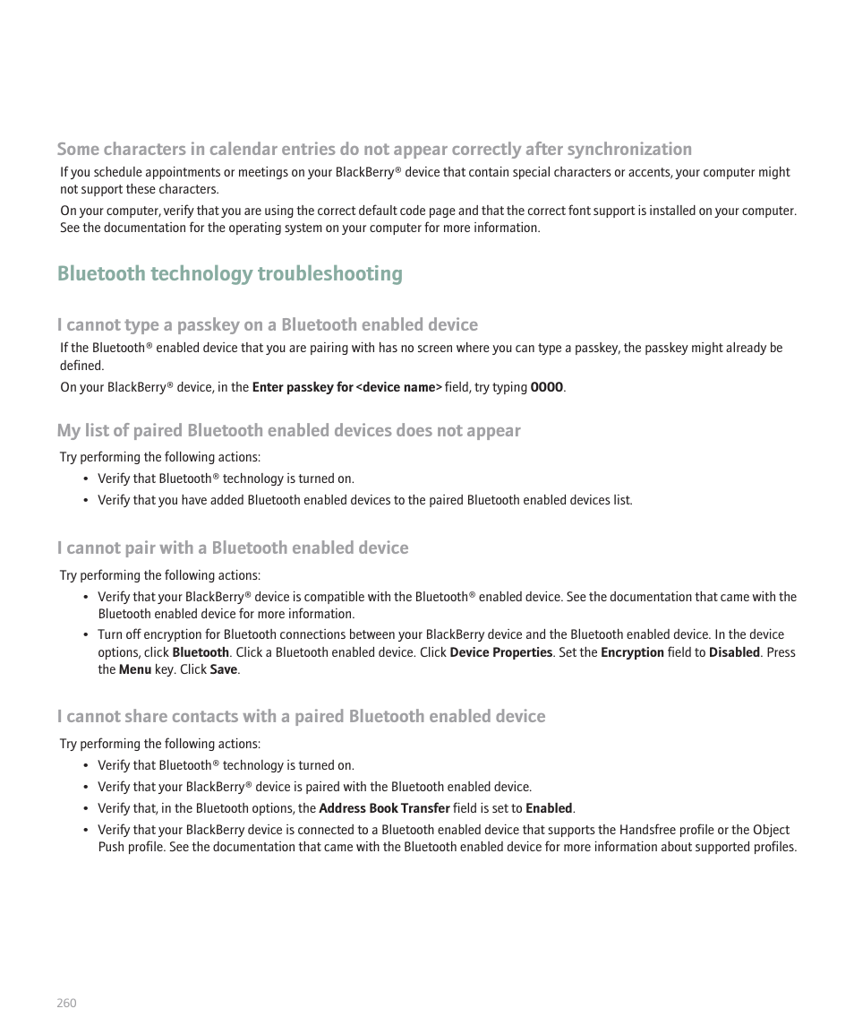 Bluetooth technology troubleshooting, I cannot pair with a bluetooth enabled device | Blackberry 8300 User Manual | Page 262 / 270