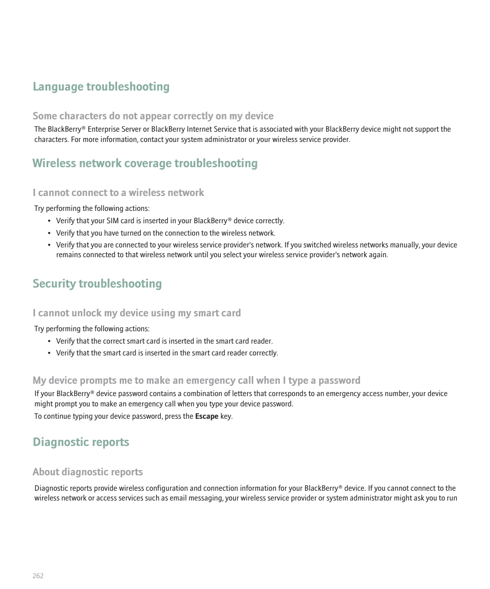 Language troubleshooting, Wireless network coverage troubleshooting, Security troubleshooting | Diagnostic reports | Blackberry 8300 User Manual | Page 264 / 270