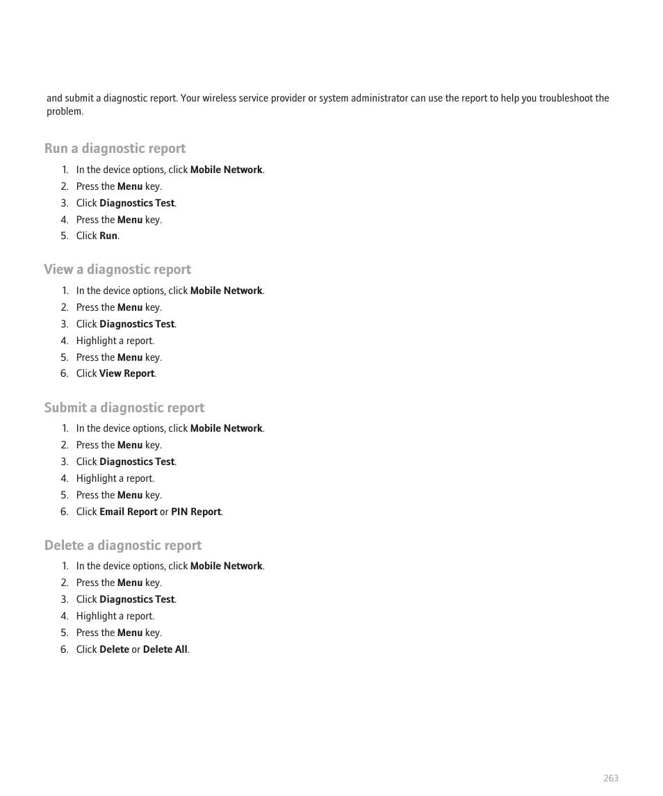 Run a diagnostic report, View a diagnostic report, Submit a diagnostic report | Delete a diagnostic report | Blackberry 8300 User Manual | Page 265 / 270