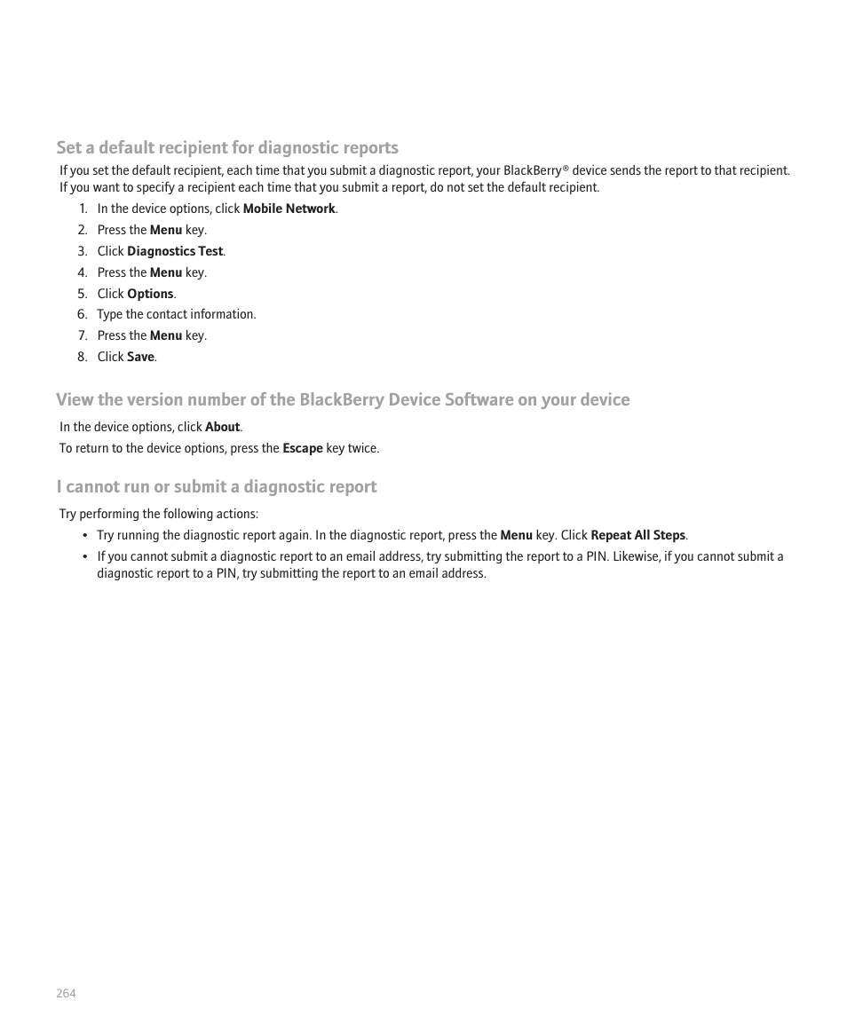 Set a default recipient for diagnostic reports, I cannot run or submit a diagnostic report | Blackberry 8300 User Manual | Page 266 / 270