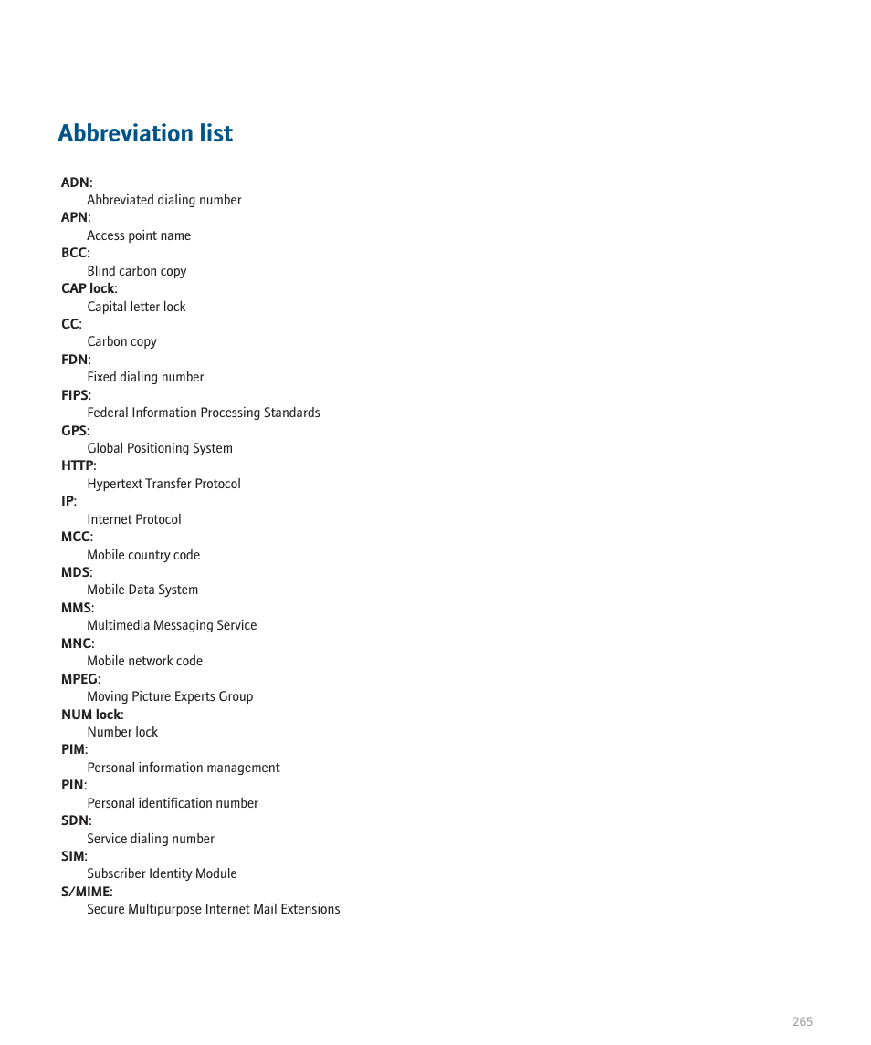 Abbreviation list | Blackberry 8300 User Manual | Page 267 / 270