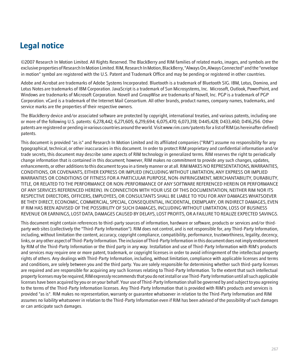Legal notice | Blackberry 8300 User Manual | Page 269 / 270