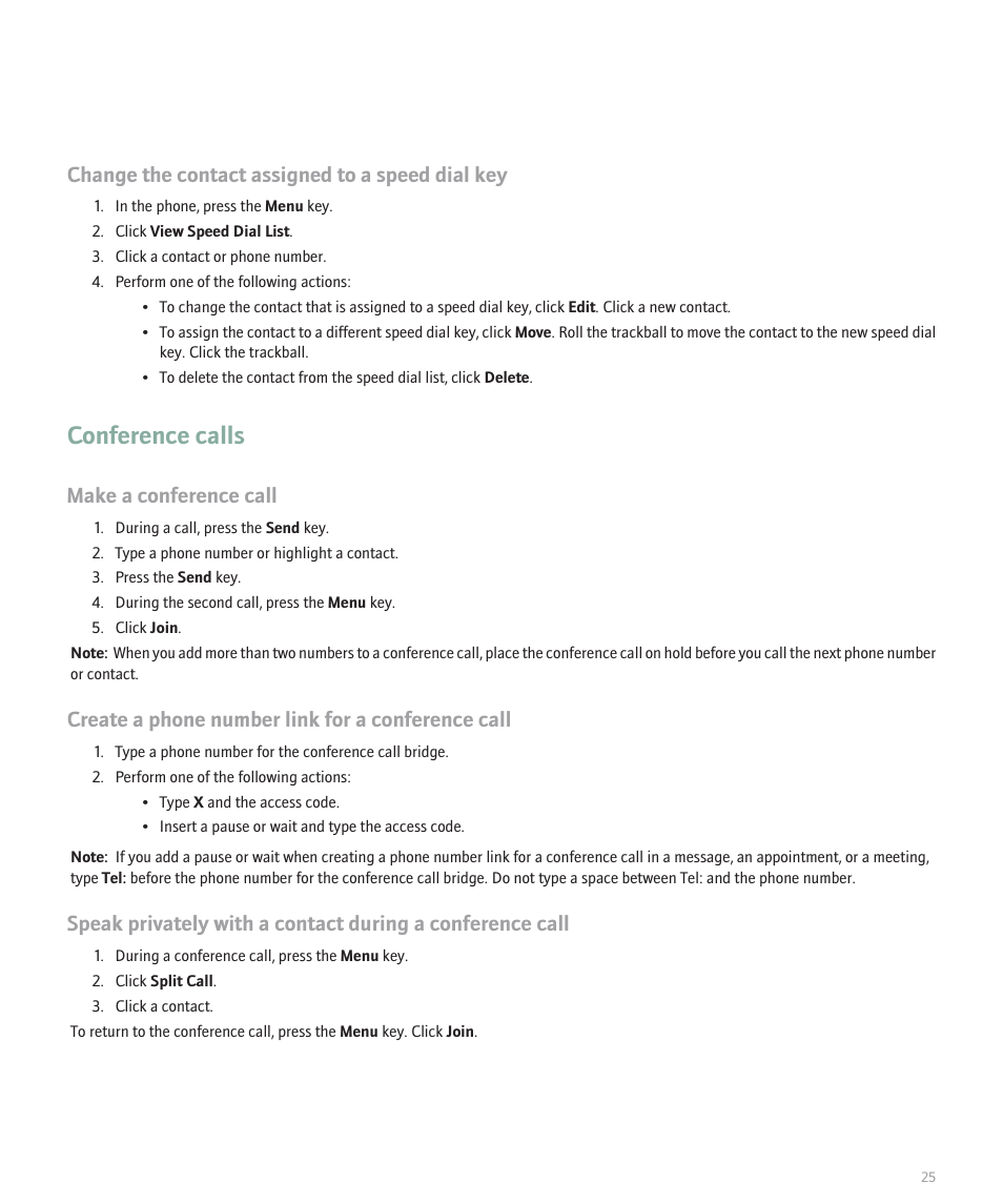 Conference calls, Change the contact assigned to a speed dial key, Make a conference call | Create a phone number link for a conference call | Blackberry 8300 User Manual | Page 27 / 270