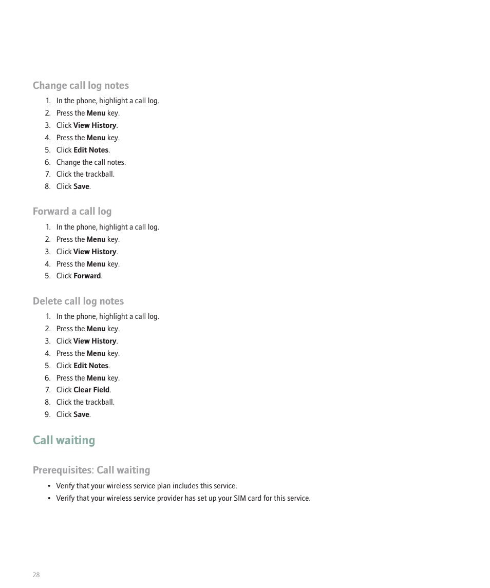 Call waiting, Forward a call log, Prerequisites: call waiting | Blackberry 8300 User Manual | Page 30 / 270