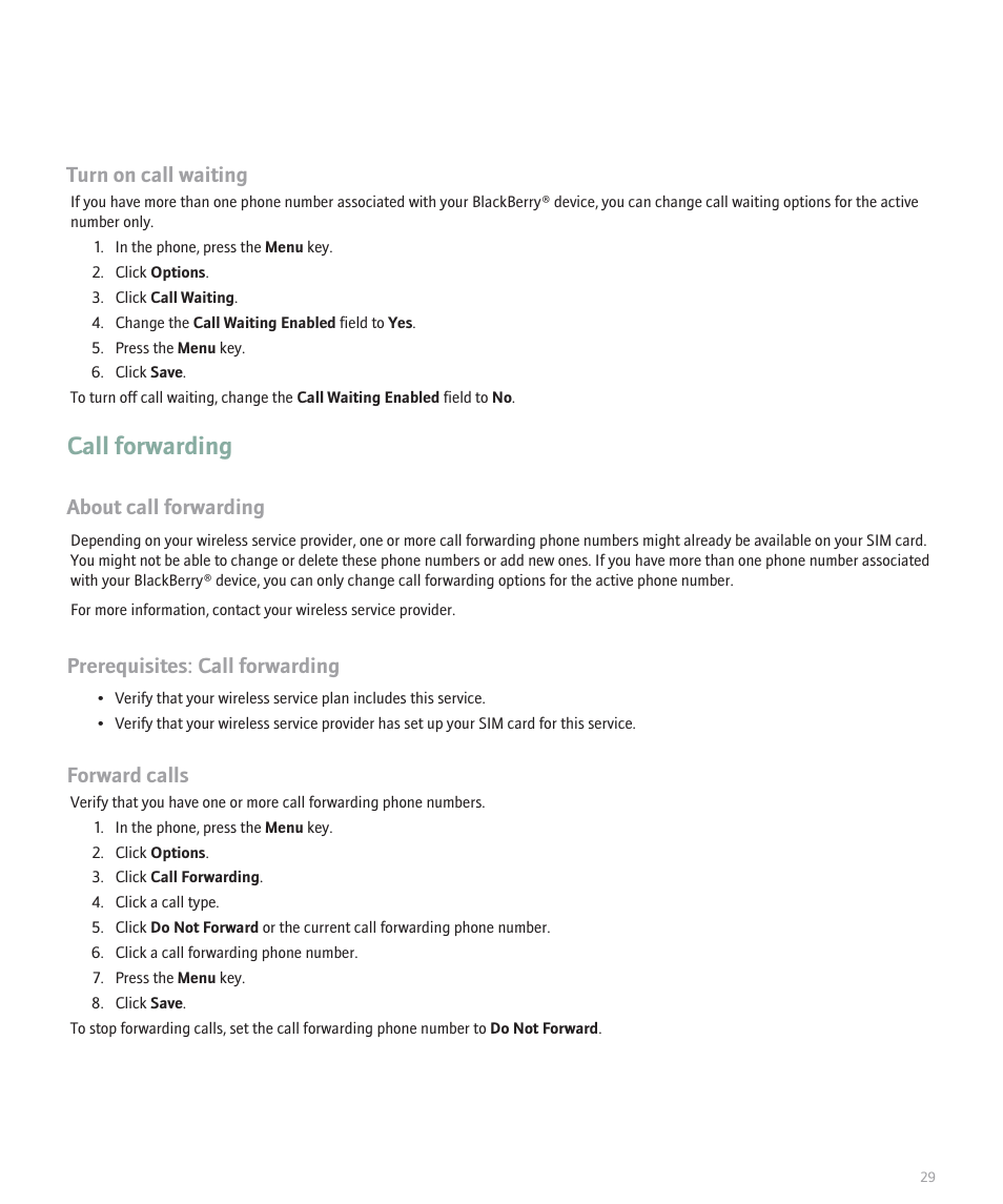 Call forwarding, Turn on call waiting, About call forwarding | Prerequisites: call forwarding, Forward calls | Blackberry 8300 User Manual | Page 31 / 270