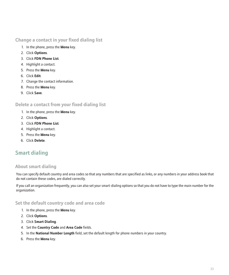 Smart dialing, Change a contact in your fixed dialing list, Delete a contact from your fixed dialing list | About smart dialing, Set the default country code and area code | Blackberry 8300 User Manual | Page 35 / 270