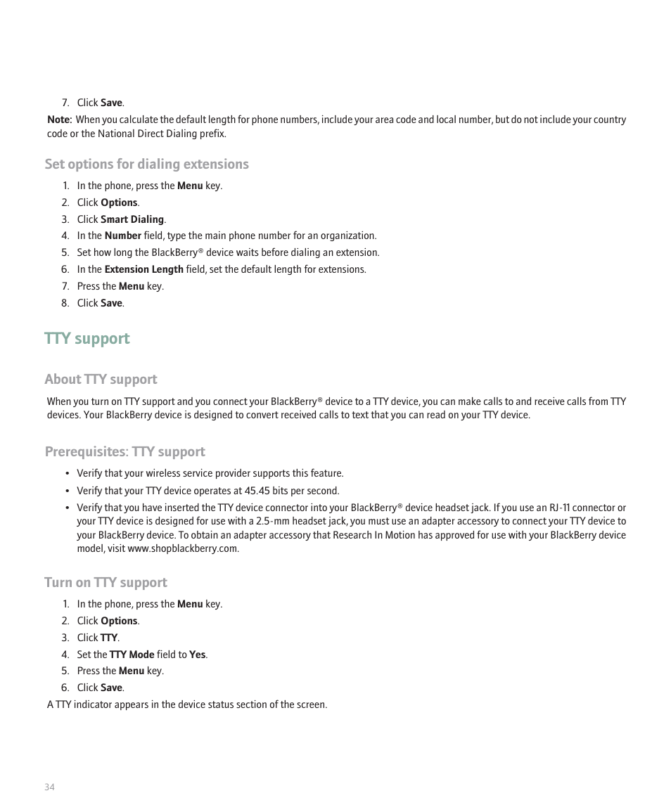 Tty support, Set options for dialing extensions, About tty support | Prerequisites: tty support, Turn on tty support | Blackberry 8300 User Manual | Page 36 / 270