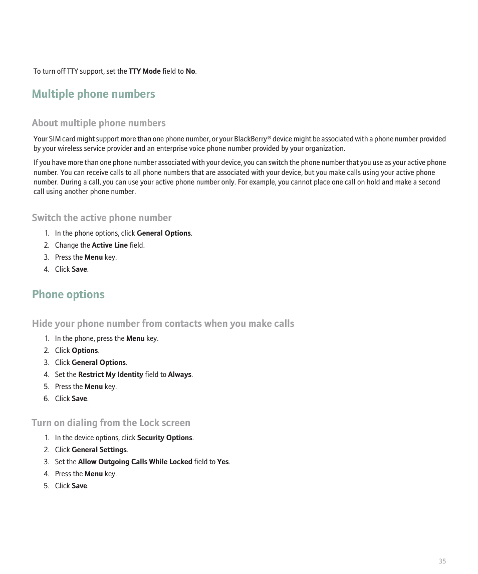 Multiple phone numbers, Phone options, About multiple phone numbers | Switch the active phone number, Turn on dialing from the lock screen | Blackberry 8300 User Manual | Page 37 / 270