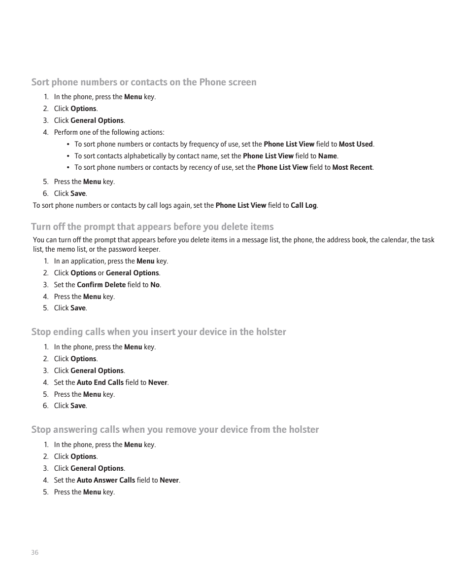 Sort phone numbers or contacts on the phone screen | Blackberry 8300 User Manual | Page 38 / 270