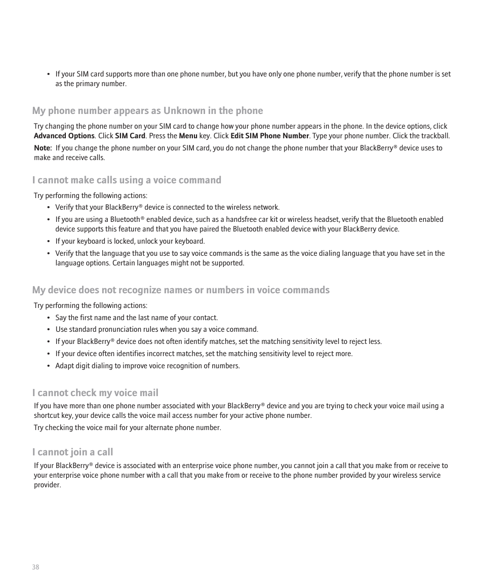My phone number appears as unknown in the phone, I cannot make calls using a voice command, I cannot check my voice mail | I cannot join a call | Blackberry 8300 User Manual | Page 40 / 270