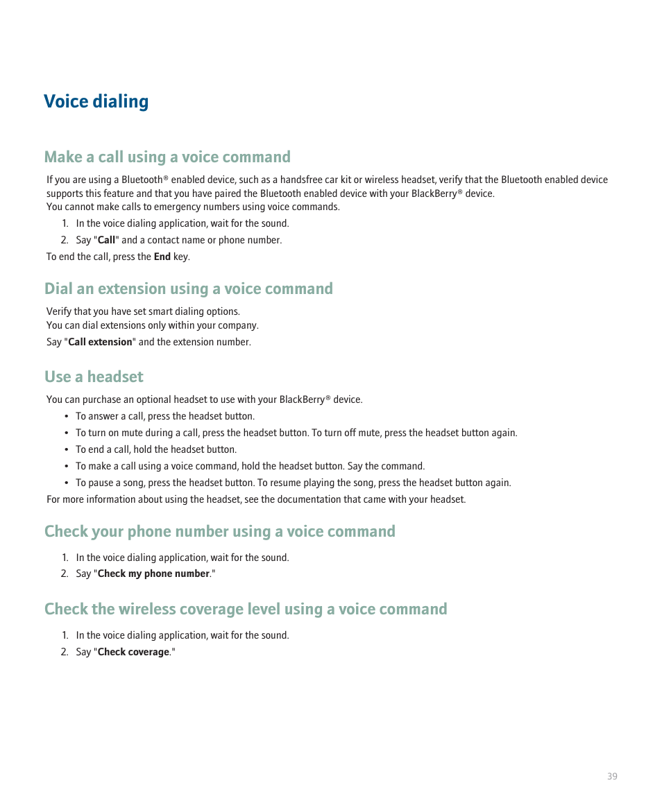 Voice dialing, Make a call using a voice command, Dial an extension using a voice command | Use a headset, Check your phone number using a voice command | Blackberry 8300 User Manual | Page 41 / 270