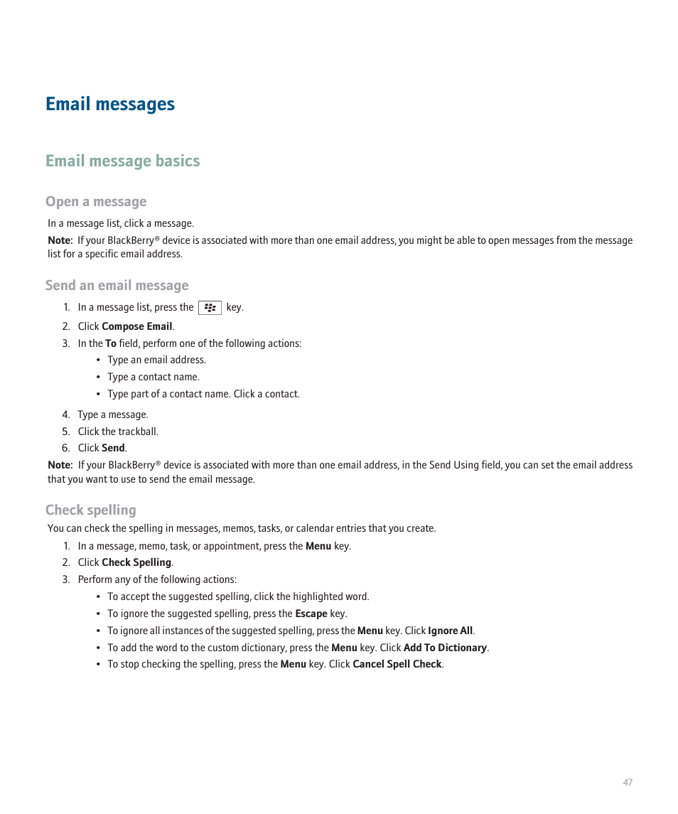 Email messages, Email message basics, Open a message | Send an email message, Check spelling | Blackberry 8300 User Manual | Page 49 / 270