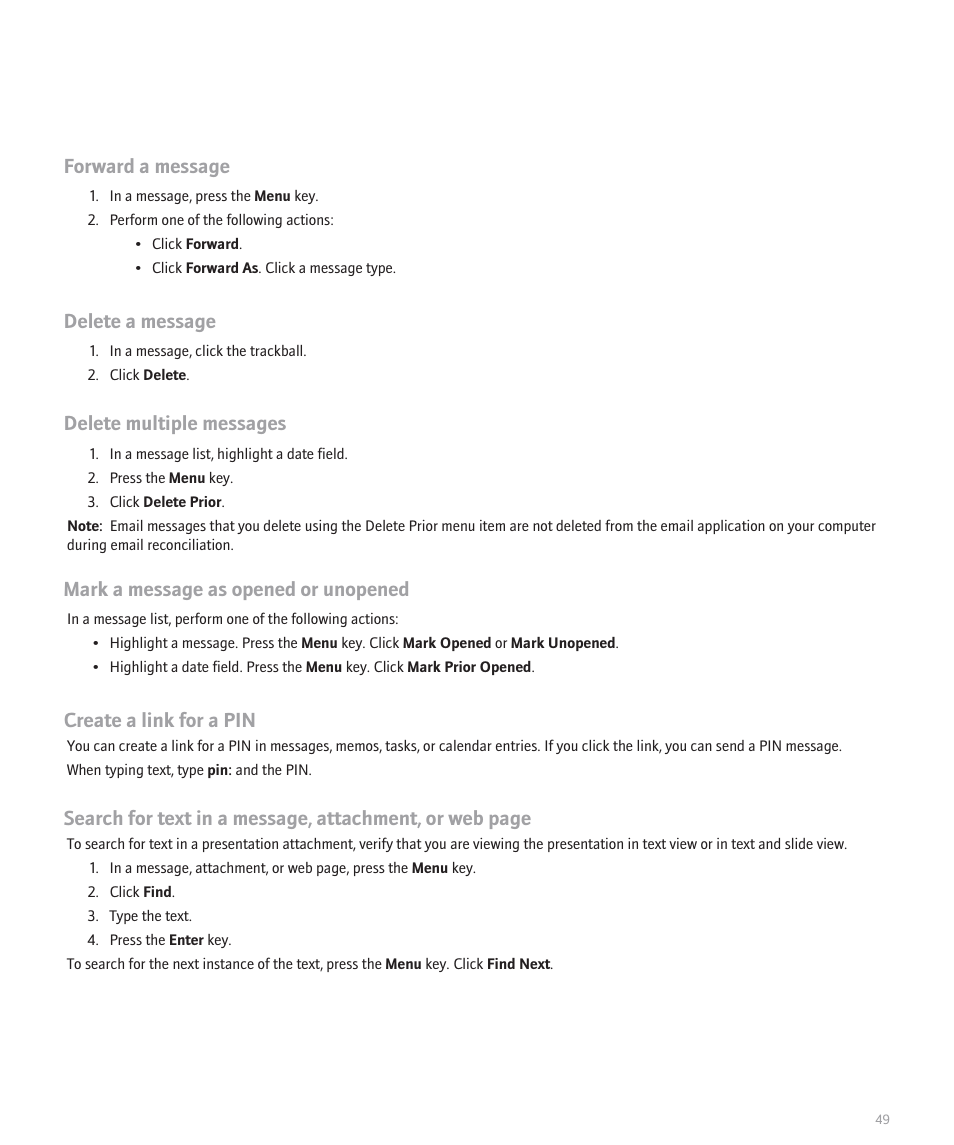 Forward a message, Delete a message, Delete multiple messages | Mark a message as opened or unopened, Create a link for a pin | Blackberry 8300 User Manual | Page 51 / 270