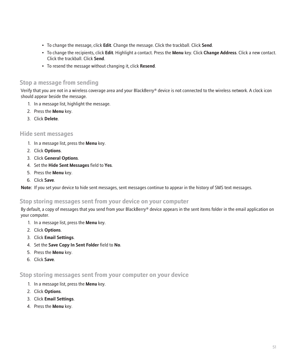 Stop a message from sending, Hide sent messages | Blackberry 8300 User Manual | Page 53 / 270