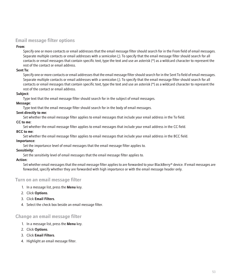 Email message filter options, Turn on an email message filter, Change an email message filter | Blackberry 8300 User Manual | Page 55 / 270