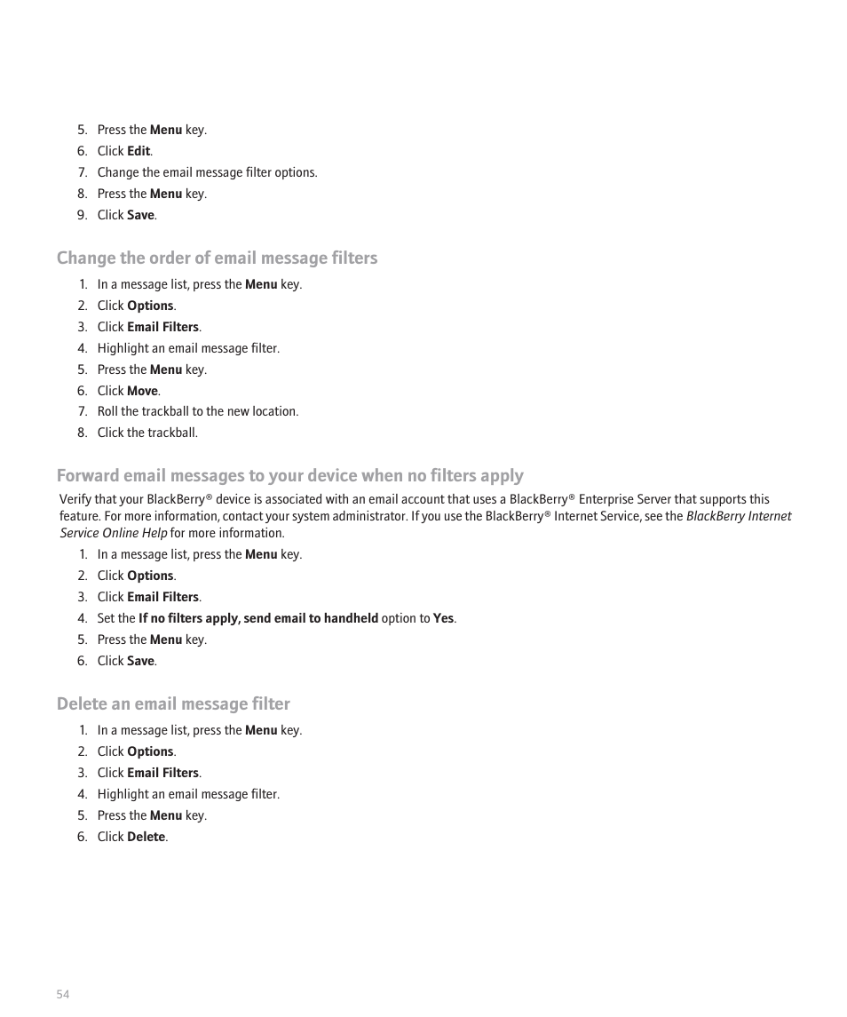 Change the order of email message filters, Delete an email message filter | Blackberry 8300 User Manual | Page 56 / 270