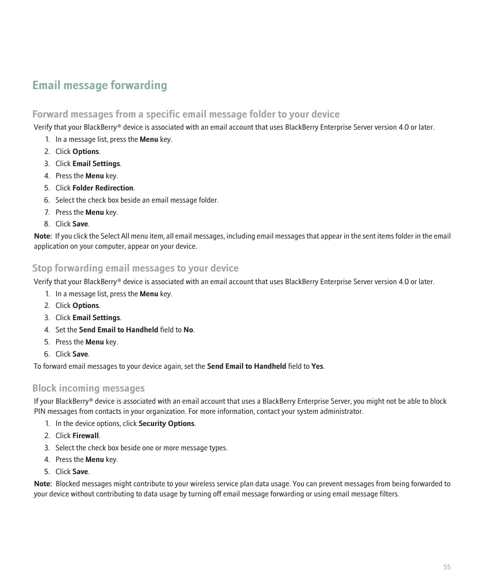 Email message forwarding, Stop forwarding email messages to your device, Block incoming messages | Blackberry 8300 User Manual | Page 57 / 270