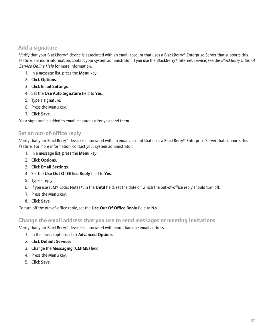 Add a signature, Set an out-of-office reply | Blackberry 8300 User Manual | Page 59 / 270