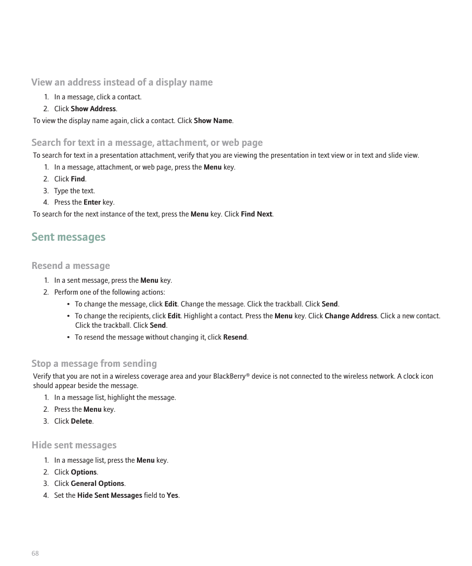 Sent messages, View an address instead of a display name, Resend a message | Stop a message from sending, Hide sent messages | Blackberry 8300 User Manual | Page 70 / 270