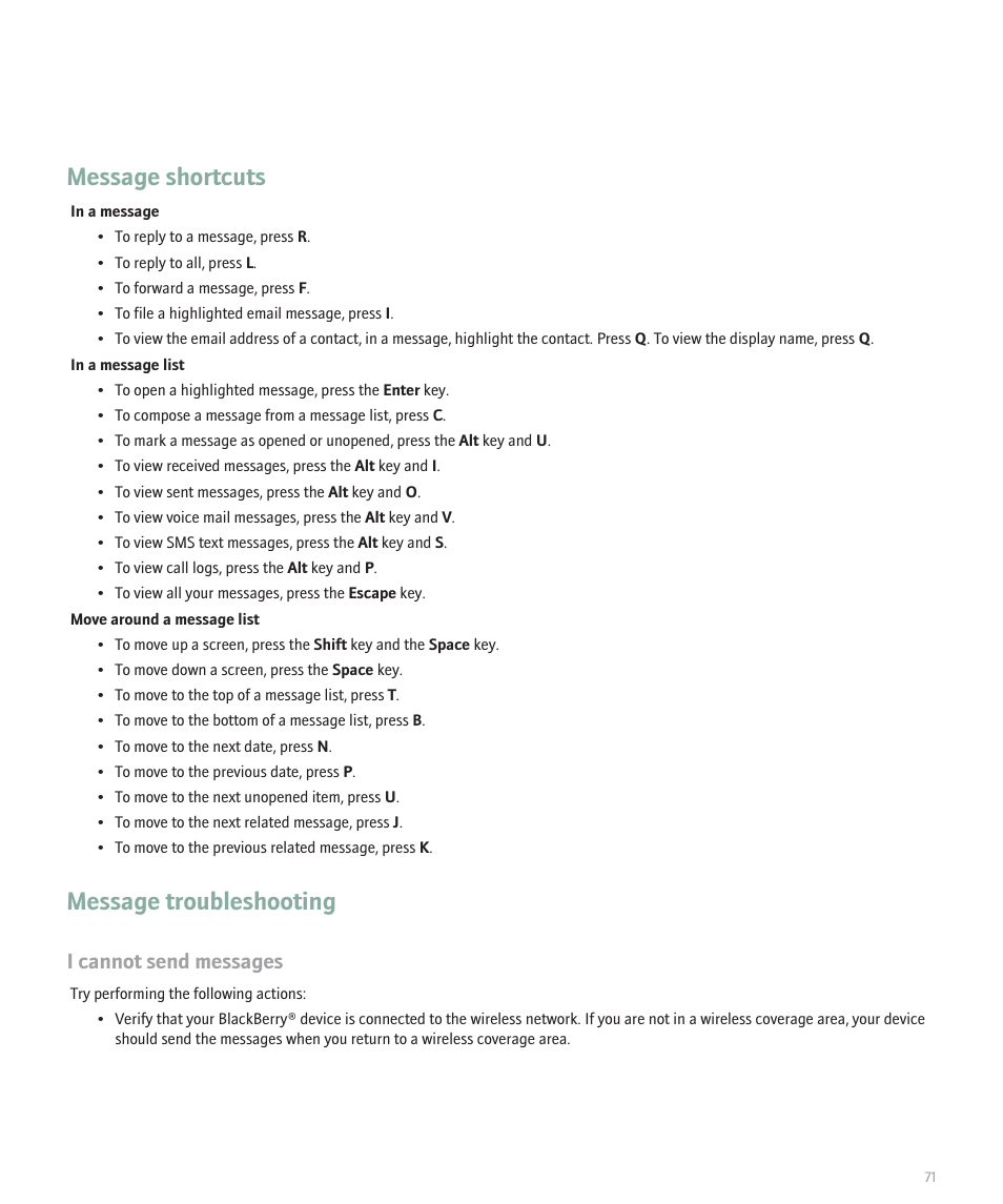 Message shortcuts, Message troubleshooting, I cannot send messages | Blackberry 8300 User Manual | Page 73 / 270