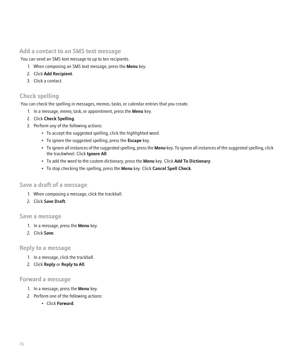 Add a contact to an sms text message, Check spelling, Save a draft of a message | Save a message, Reply to a message, Forward a message | Blackberry 8300 User Manual | Page 78 / 270
