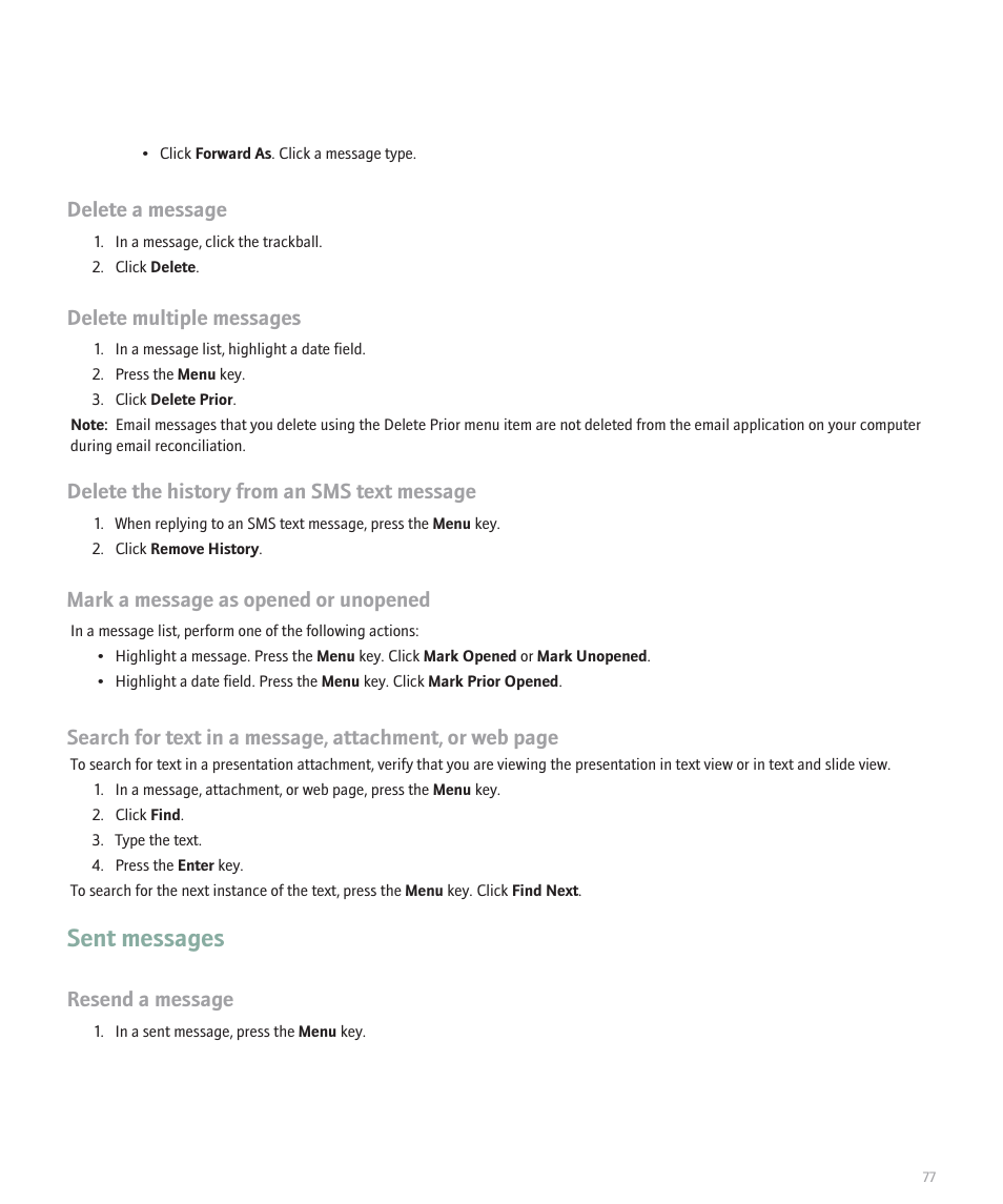Sent messages, Delete a message, Delete multiple messages | Delete the history from an sms text message, Mark a message as opened or unopened, Resend a message | Blackberry 8300 User Manual | Page 79 / 270