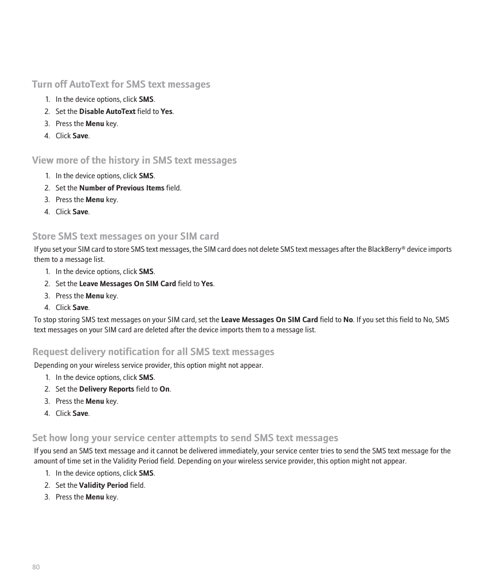 Turn off autotext for sms text messages, View more of the history in sms text messages, Store sms text messages on your sim card | Blackberry 8300 User Manual | Page 82 / 270
