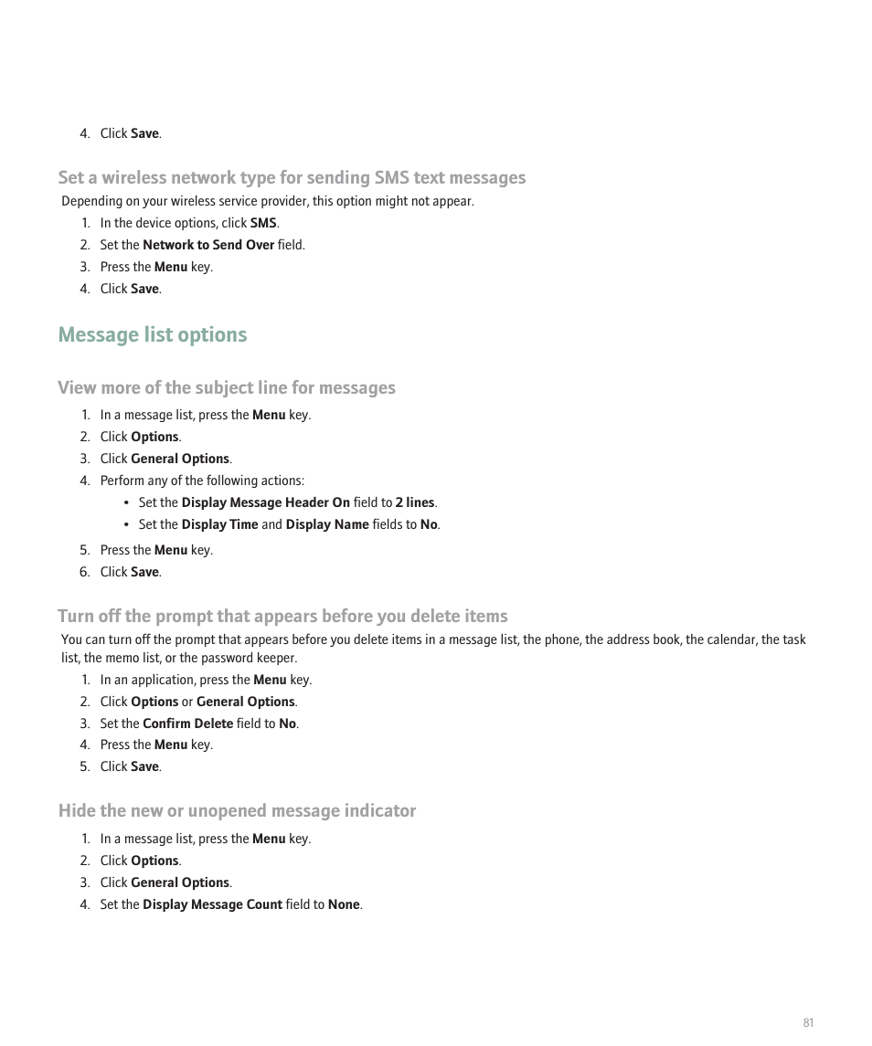 Message list options, View more of the subject line for messages, Hide the new or unopened message indicator | Blackberry 8300 User Manual | Page 83 / 270