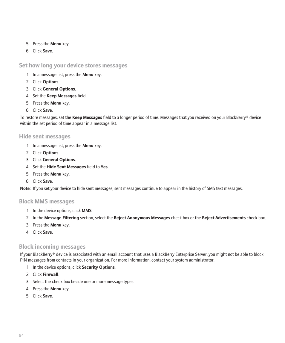 Set how long your device stores messages, Hide sent messages, Block mms messages | Block incoming messages | Blackberry 8300 User Manual | Page 96 / 270