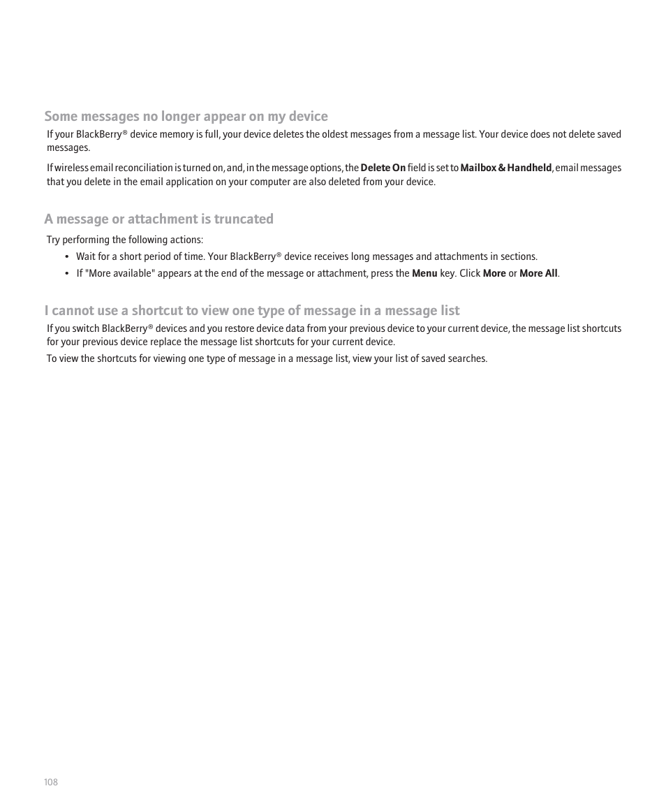 Some messages no longer appear on my device, A message or attachment is truncated | Blackberry 8120 User Manual | Page 110 / 302
