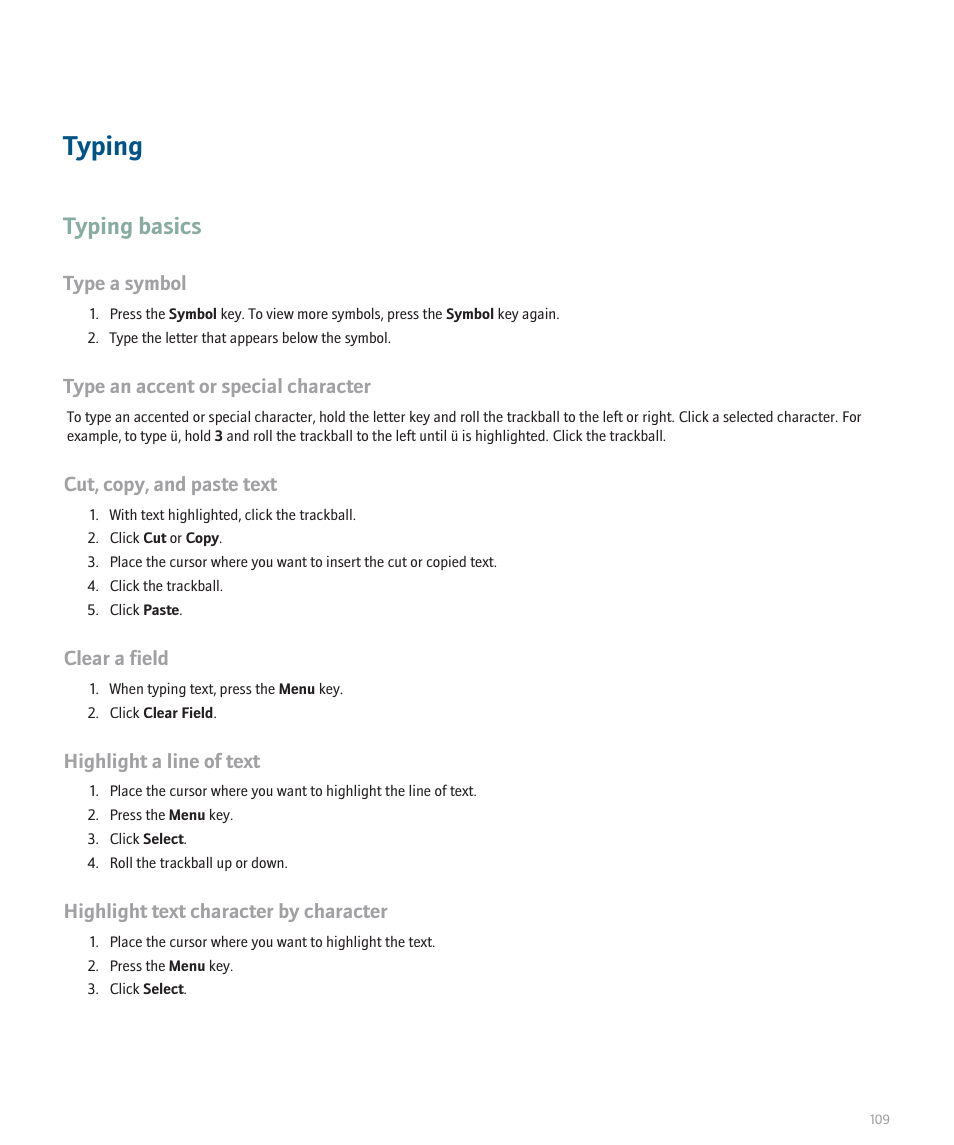 Typing, Typing basics | Blackberry 8120 User Manual | Page 111 / 302