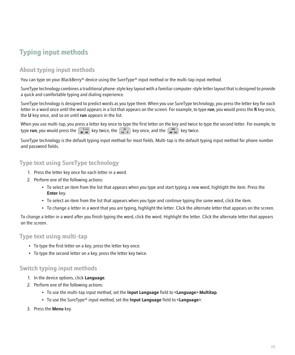 Typing input methods, About typing input methods, Type text using suretype technology | Type text using multi-tap, Switch typing input methods | Blackberry 8120 User Manual | Page 113 / 302