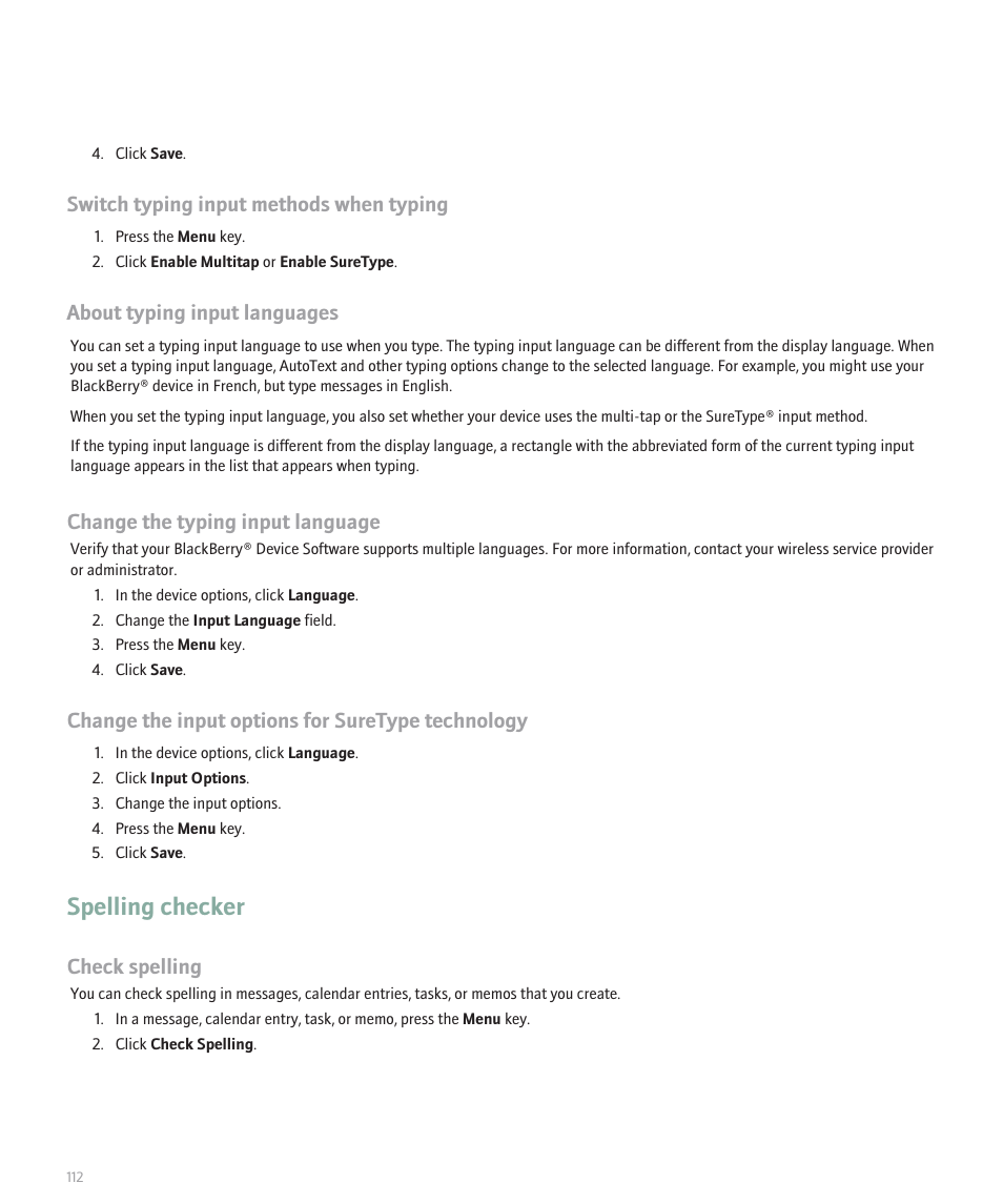 Spelling checker, About typing input languages, Change the typing input language | Change the input options for suretype technology, Switch typing input methods when typing, Check spelling | Blackberry 8120 User Manual | Page 114 / 302