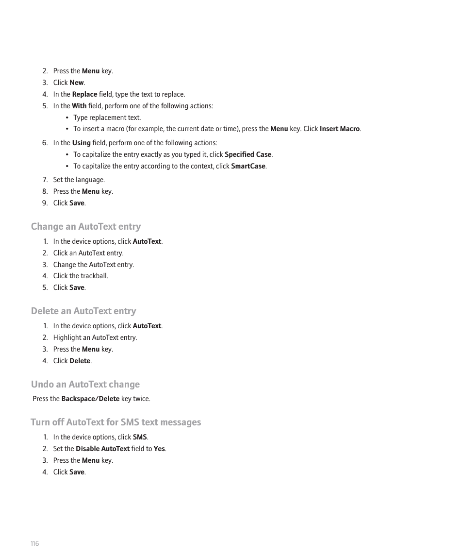 Change an autotext entry, Delete an autotext entry, Undo an autotext change | Turn off autotext for sms text messages | Blackberry 8120 User Manual | Page 118 / 302