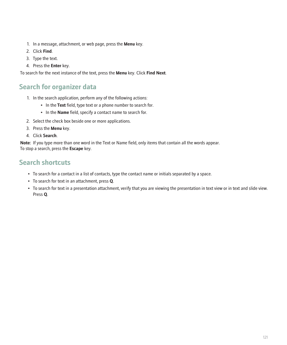 Search for organizer data, Search shortcuts | Blackberry 8120 User Manual | Page 123 / 302