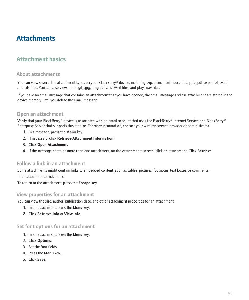 Attachments, Attachment basics, About attachments | Open an attachment, Follow a link in an attachment, View properties for an attachment, Set font options for an attachment | Blackberry 8120 User Manual | Page 125 / 302