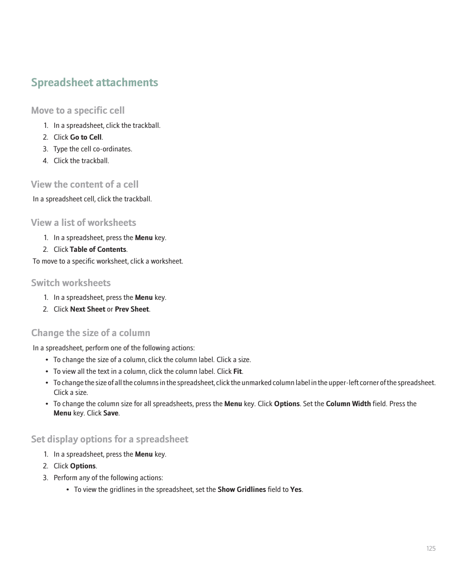 Spreadsheet attachments, Move to a specific cell, View the content of a cell | View a list of worksheets, Switch worksheets, Change the size of a column, Set display options for a spreadsheet | Blackberry 8120 User Manual | Page 127 / 302