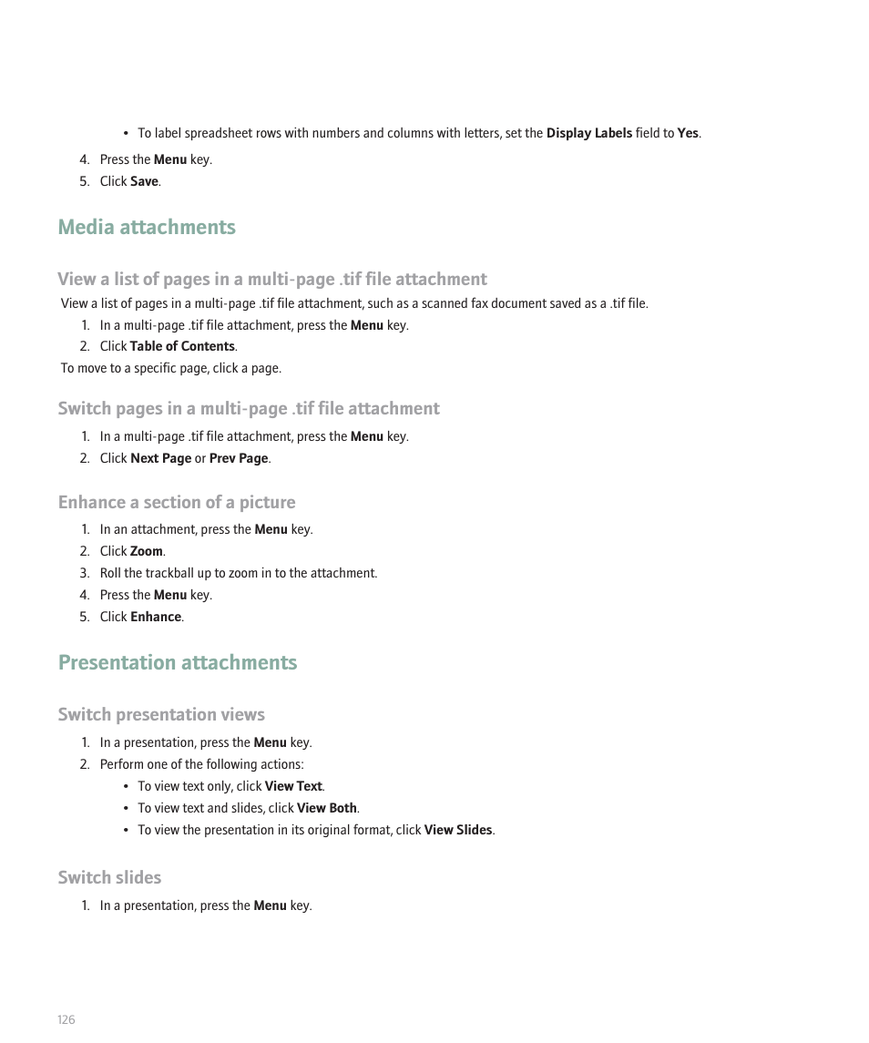 Media attachments, Presentation attachments, Switch pages in a multi-page .tif file attachment | Switch presentation views, Switch slides | Blackberry 8120 User Manual | Page 128 / 302