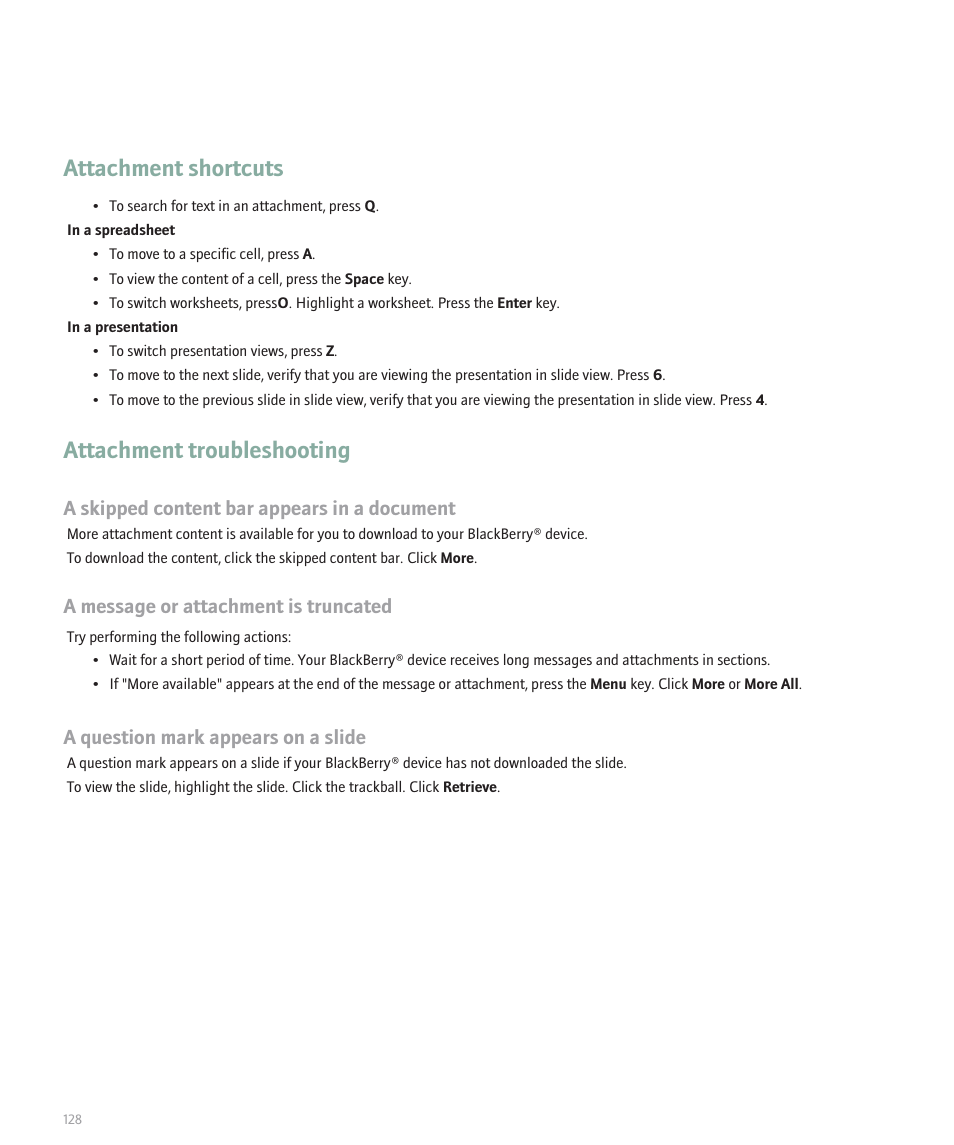 Attachment shortcuts, Attachment troubleshooting, A skipped content bar appears in a document | A message or attachment is truncated, A question mark appears on a slide | Blackberry 8120 User Manual | Page 130 / 302