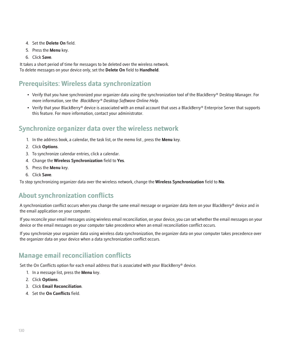 Prerequisites: wireless data synchronization, About synchronization conflicts, Manage email reconciliation conflicts | Blackberry 8120 User Manual | Page 132 / 302