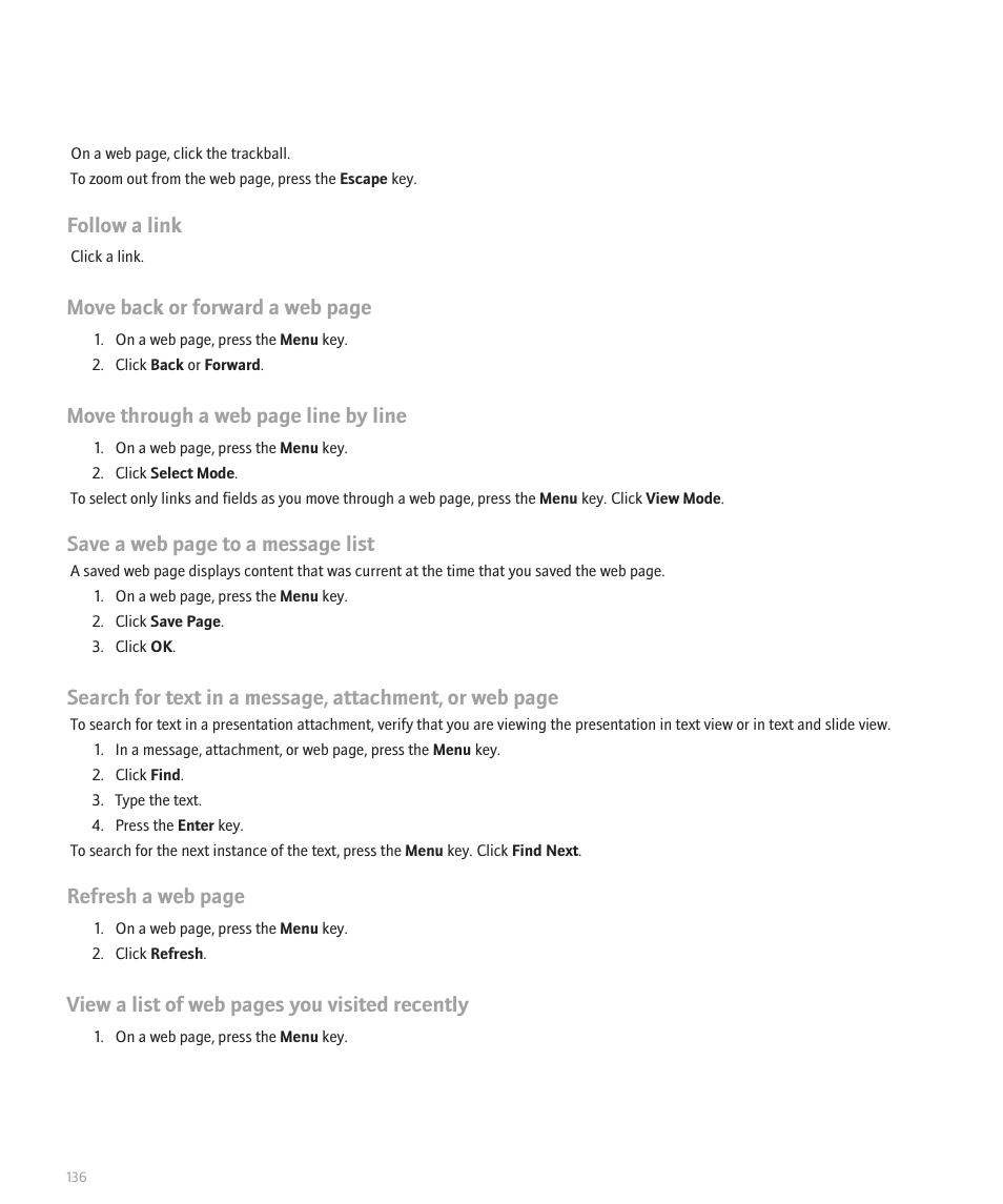 Follow a link, Move back or forward a web page, Move through a web page line by line | Save a web page to a message list, Refresh a web page, View a list of web pages you visited recently | Blackberry 8120 User Manual | Page 138 / 302
