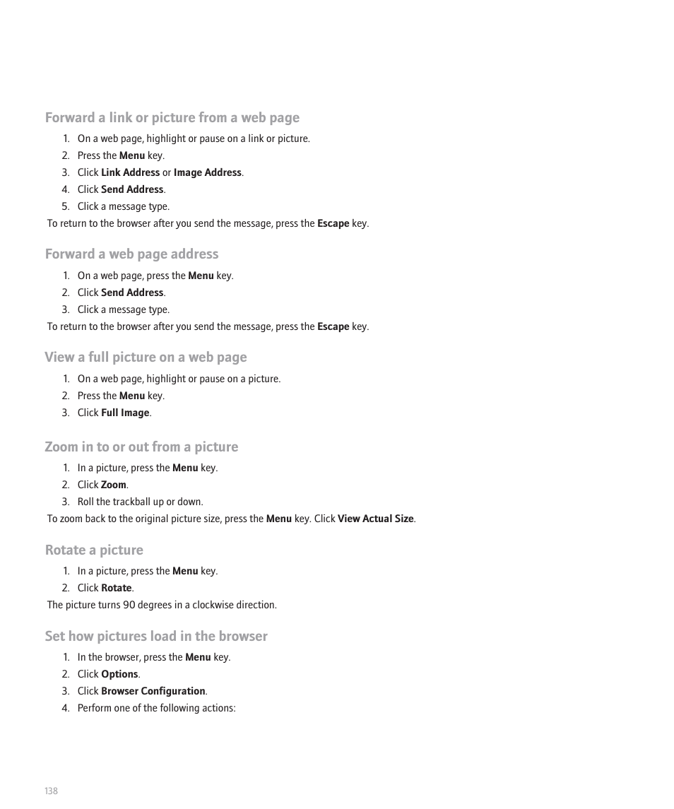Forward a link or picture from a web page, Forward a web page address, View a full picture on a web page | Zoom in to or out from a picture, Rotate a picture, Set how pictures load in the browser | Blackberry 8120 User Manual | Page 140 / 302