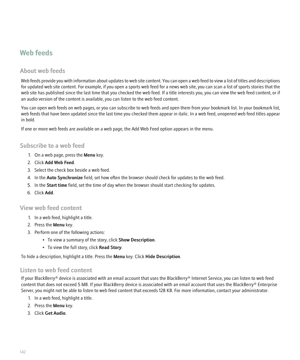 Web feeds, About web feeds, Subscribe to a web feed | View web feed content, Listen to web feed content | Blackberry 8120 User Manual | Page 144 / 302