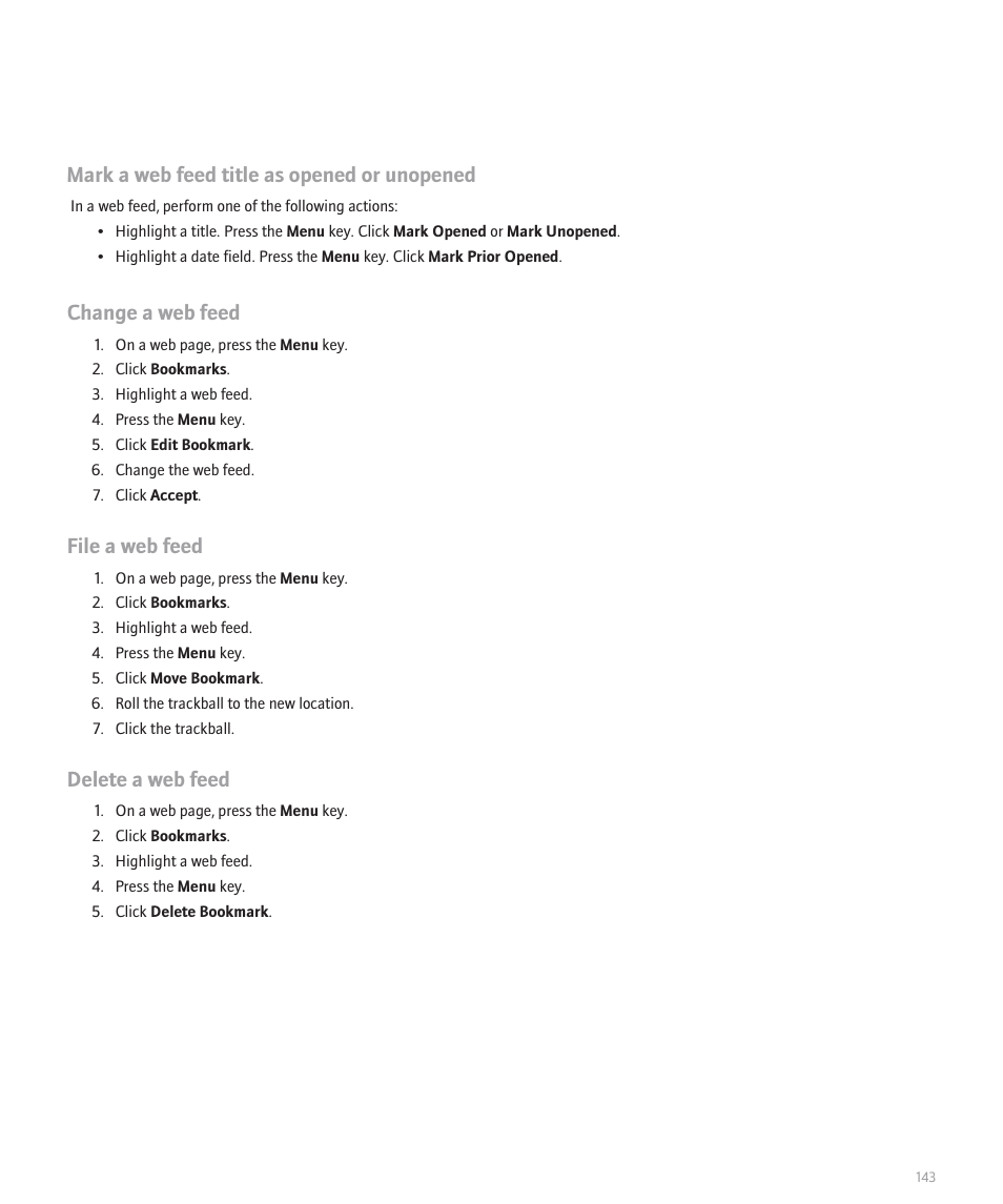 Mark a web feed title as opened or unopened, Change a web feed, File a web feed | Delete a web feed | Blackberry 8120 User Manual | Page 145 / 302