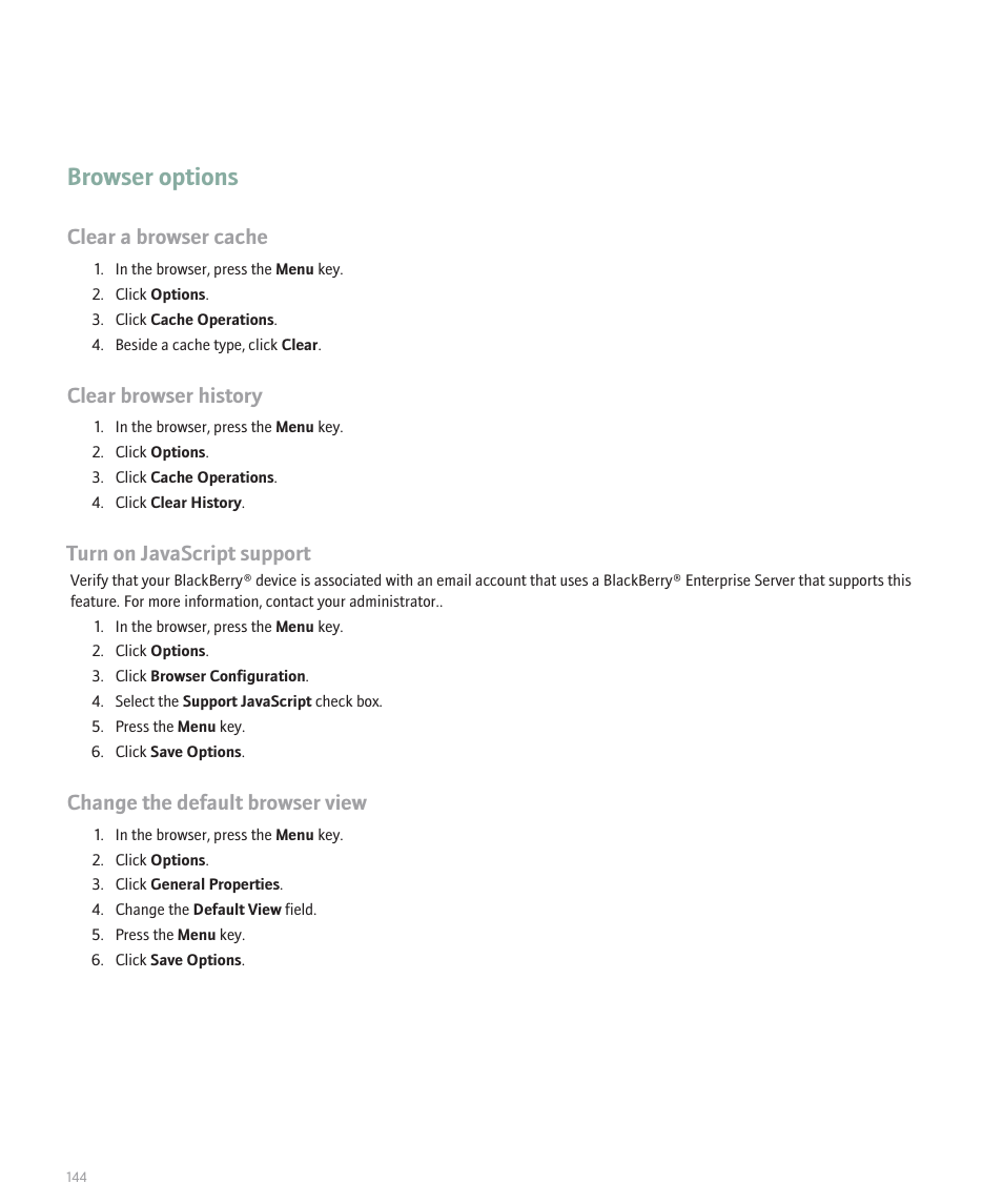 Browser options, Clear a browser cache, Clear browser history | Turn on javascript support, Change the default browser view | Blackberry 8120 User Manual | Page 146 / 302