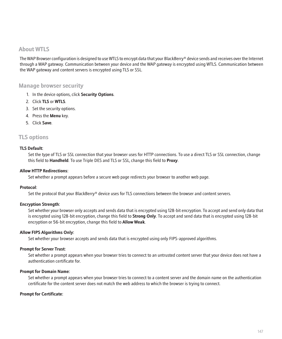 About wtls, Manage browser security, Tls options | Blackberry 8120 User Manual | Page 149 / 302